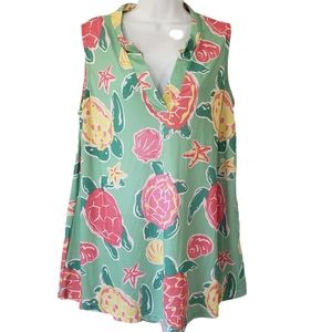 Simply Southern Sleeveless Swing Top Green Pink yellow Size L Beachy